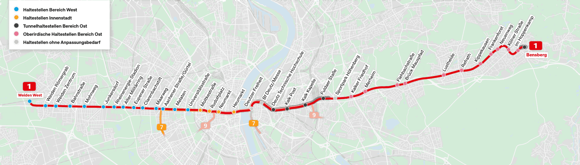 Streckenverlauf Linie 1 Ost-West-Achse Köln