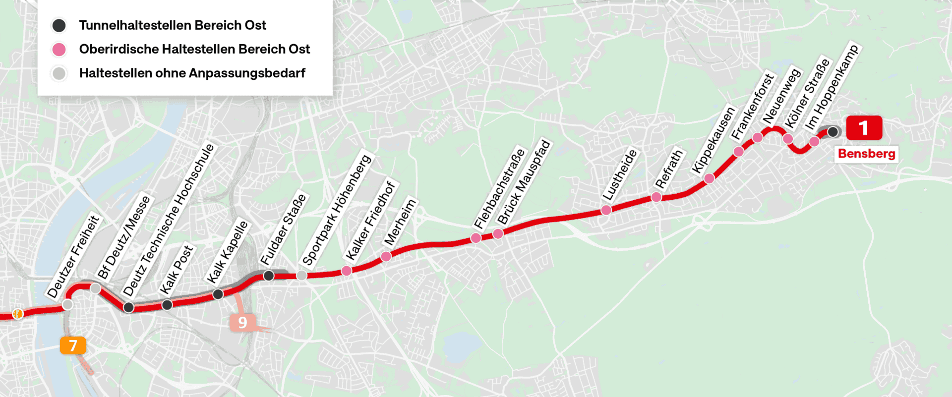 Östlicher Streckenverlauf Linie 1 der Ost-West-Achse Köln.