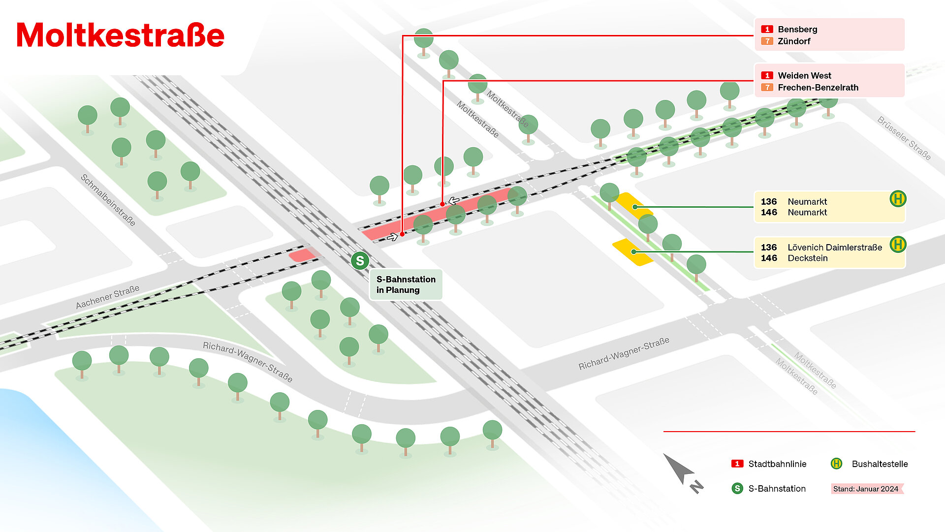 3D-Visualisierung des Planungsabschnitts Moltkestraße (oberirdische Alternative) auf der Ost-West-Achse Köln.