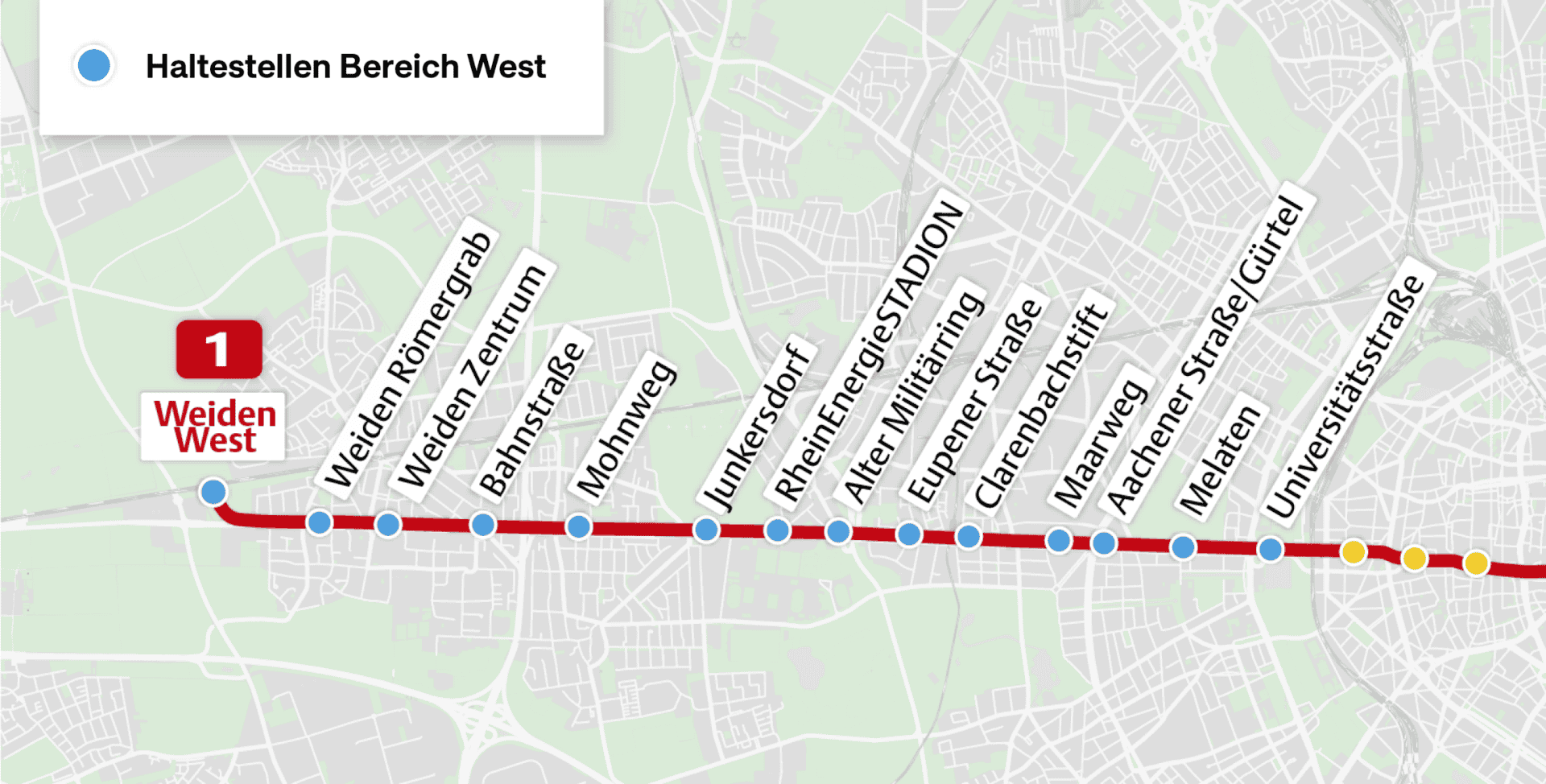 Westlicher Streckenverlauf Linie 1 der Ost-West-Achse Köln